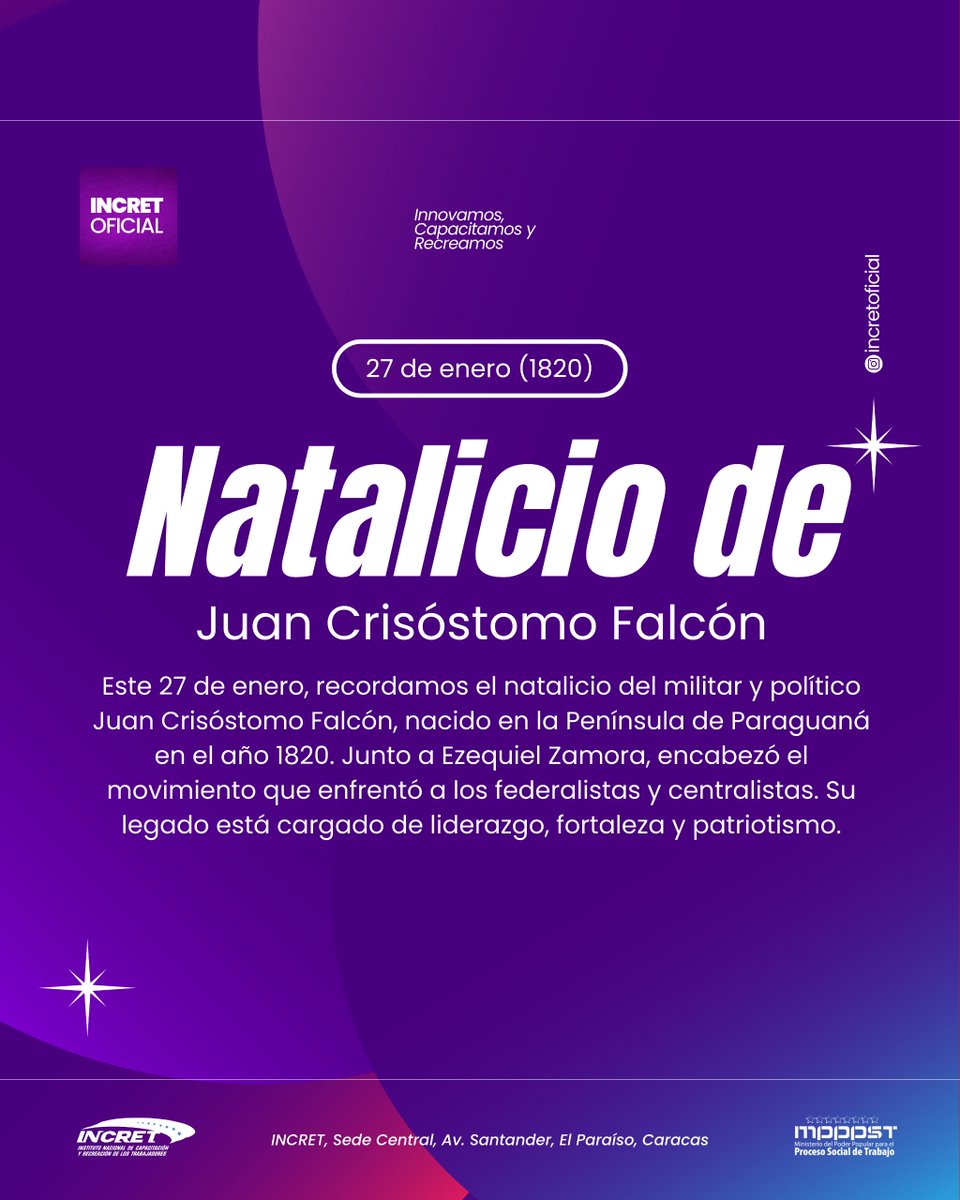 Este #27 de enero, recordamos el natalicio del militar y político Juan Crisóstomo Falcón, nacido en la Península de Paraguaná en el año 1820. Junto a Ezequiel Zamora, encabezó el movimiento que enfrentó a los federalistas y centralistas. Su legado está cargado de liderazgo.