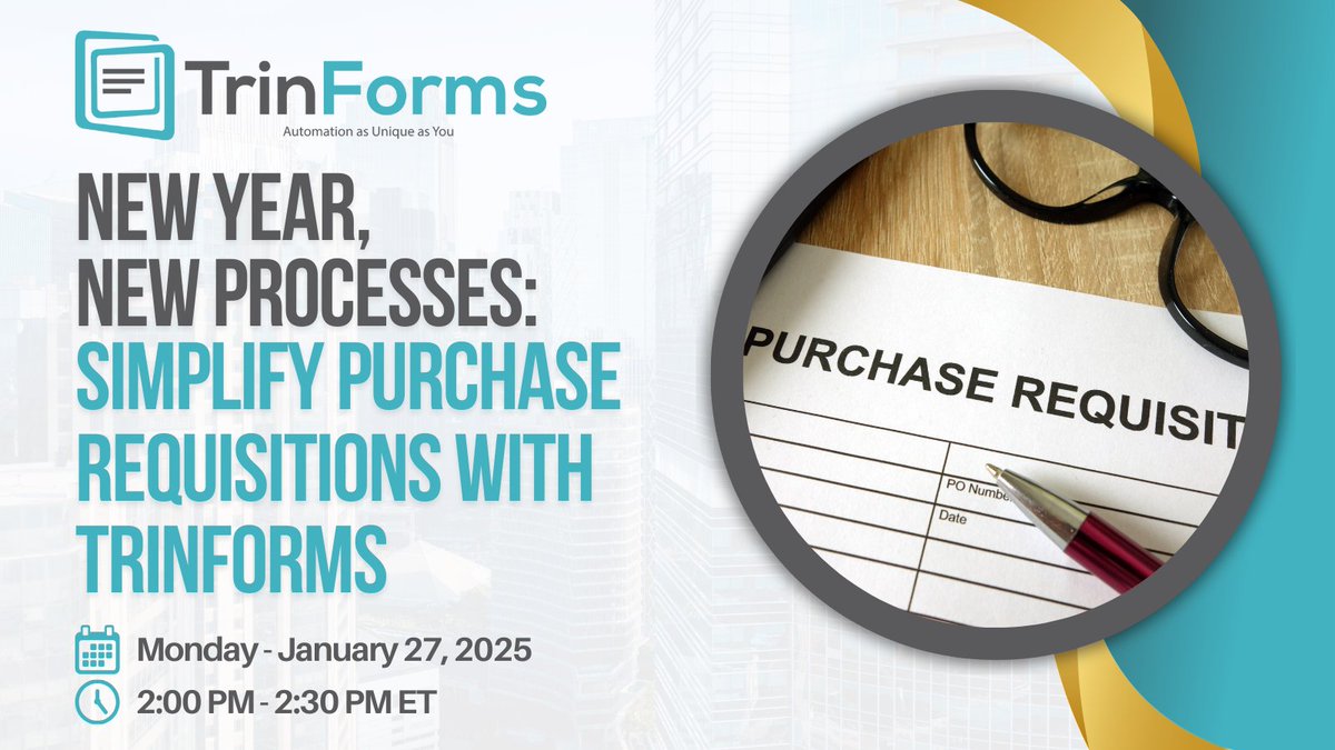 trindocs's tweet image. Today! 🎉 New Year, New Processes: Simplify Purchase Requisitions with TrinForms - 2 pm ET trindocs.com/resources/#web… #trinforms #trindocs #purchaserequisitions #purchasereqs #workflow #automation #webinar