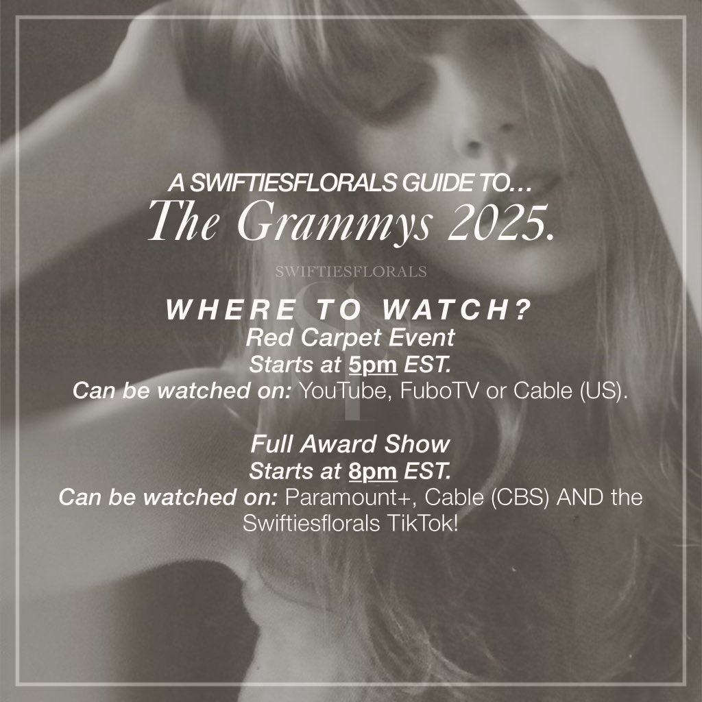 swiftiesflorals's tweet photo. 🏆| WE ARE 6 DAYS AWAY FROM THE GRAMMYS!!! Need to know where you can watch the show? Look no further as we have provided places to watch INCLUDING our third annual Grammys watch party 😁🫶🏻⭐️ 

come join us on Tik Tok as we live stream the event and all have a good time :) YOU DONT WANT TO MISS OUT!