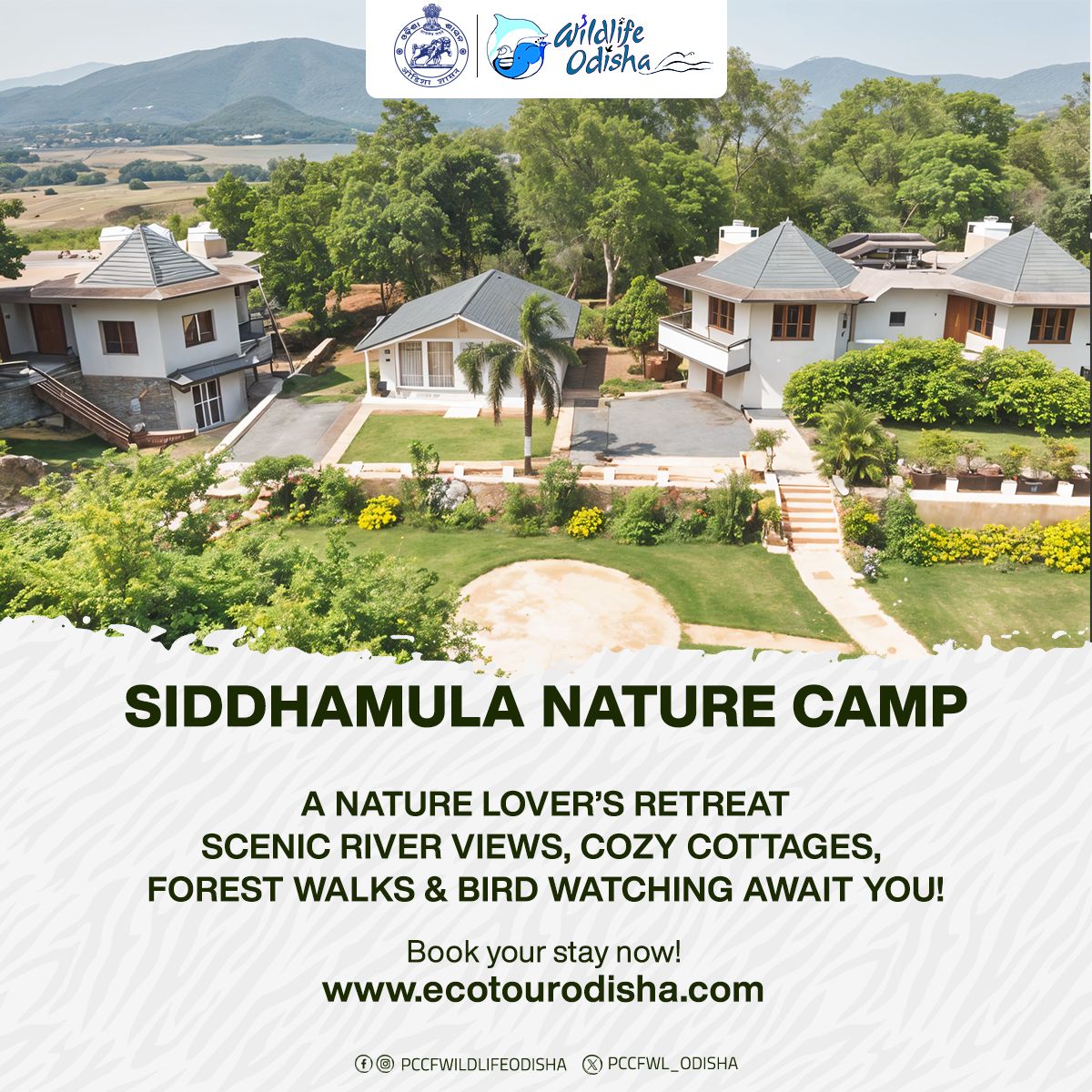 Siddhamula Nature Camp
A serene retreat 93 km from Bhubaneswar in Nayagarh, with lush forests and scenic views along the Mahanadi.

Things to do: 
Go Birding

Visit 
- Saranala wetland, 
- Gumpha Mundia caves, 
- Chadeikuda Mundia hillock.

Book now: ecotourodisha.com
