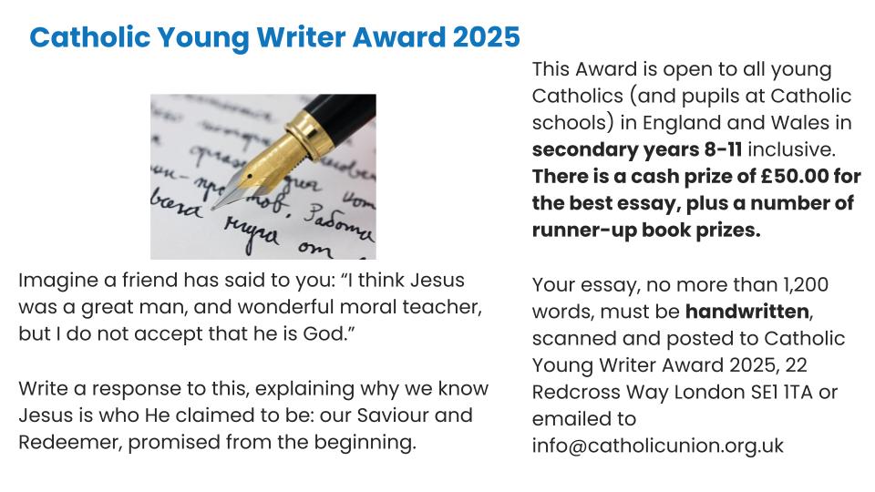 bonus_pastor's tweet photo. Calling all young Catholic writers! ✍️

The Catholic Young Writer Award 2025 is here! If you're passionate about faith and writing, this is your chance to shine. 🌟 

📅 Don't miss out – take part today! 🙌
#CatholicYoungWriter #FaithInWriting #YoungWriters2025 https://t.co/eePYCTY29W