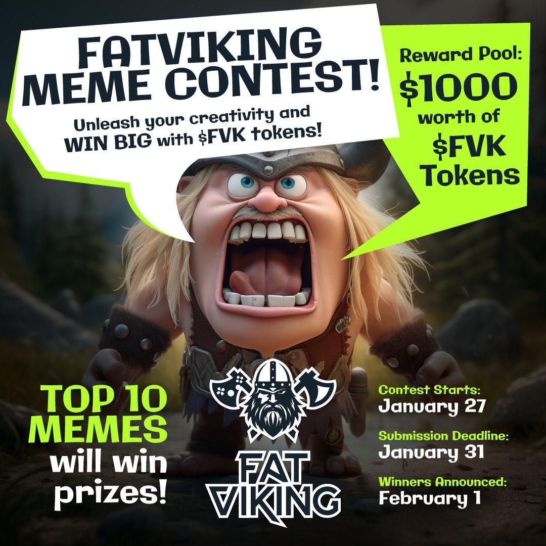 FatViking_norse's tweet photo. 🎉 FVK Meme Contest
Unleash your creativity and win big with $FVK tokens! 🚀

🪙 Reward Pool: $1000 worth of $FVK Tokens
👑 Top 10 Memes will win prizes! https://t.co/D6vGWgv6ty