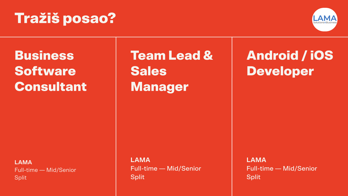 🚀 LAMA (Solution4Business) nudi rješenja za poslovanje već 30 godina i sinonim je za digitalnu transformaciju! ⚡
Sada traže pojačanje! 💪 
Tri pozicije otvorene!
👉 split-techcity.com/poslovi
#LamaIT #Top100 #ITJobs #Karijera #SplitTechCity