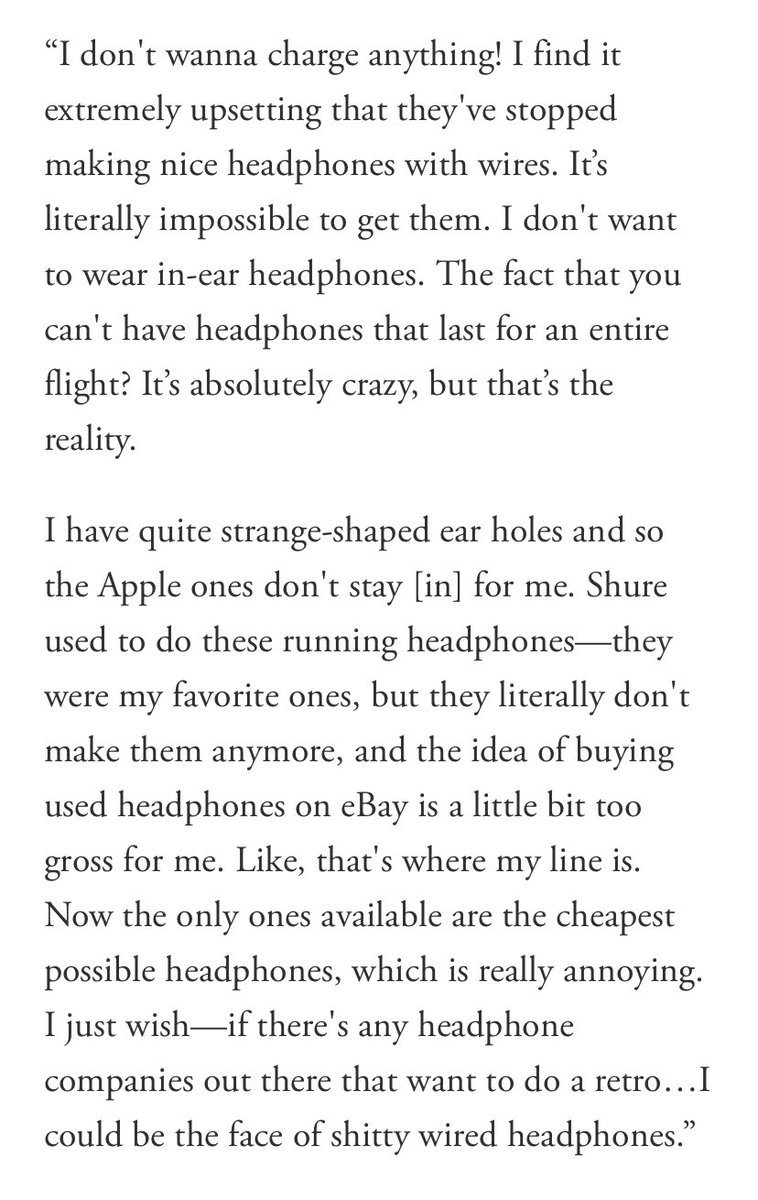 pattinsonphotos's tweet photo. “I don't wanna charge anything! I find it extremely upsetting that they've stopped making nice headphones with wires. (…) I just wish—if there's any headphone companies out there that want to do a retro…I could be the face of shitty wired headphones.” https://t.co/1DGIGnujpR