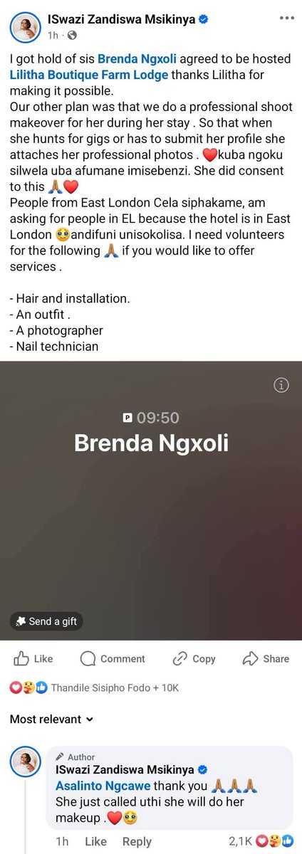 LeratoPillayZA's tweet photo. Business lady, Zandiswa Msikinya has been an added grace in actress, Brenda Ngxoli's life. 
Zandiswa Msikinya announced about 2hrs ago that at Lilitha Botique Farm Lodge, that they're willing to sponsor Brenda Ngxoli's stay that's worth R10K. in the same breath, Zandiswa added that the sponsorship came w/ pampering & means to reinvent Brenda's profile through photoshoot & submitting her resume to productions for potential work. different individuals & established joined the movement into making sure that Ngxoli's stay at Lilitha Botique Farm Lodge is seamless through sponsorships. those individuals & establishments include Magason Shuttle that will fetch Brenda from Tsomo to East London where the boutique is situated, weave by Collectby Sinoxolo Witbooi, two outfits by LA Tesh FashionGuru, photography by Garth Potgieter, make-up by Asalinto Ngcawe, styling & installation by Sinazo Mbekeni, nails by Zizipho Mngambi, hair styling for baby Sky by Amanda Siyo. 

more individuals & establishments are availing themselves for this initiative to make Brenda Ngxoli great again that haven't been mentioned in this article. 

#Brenda