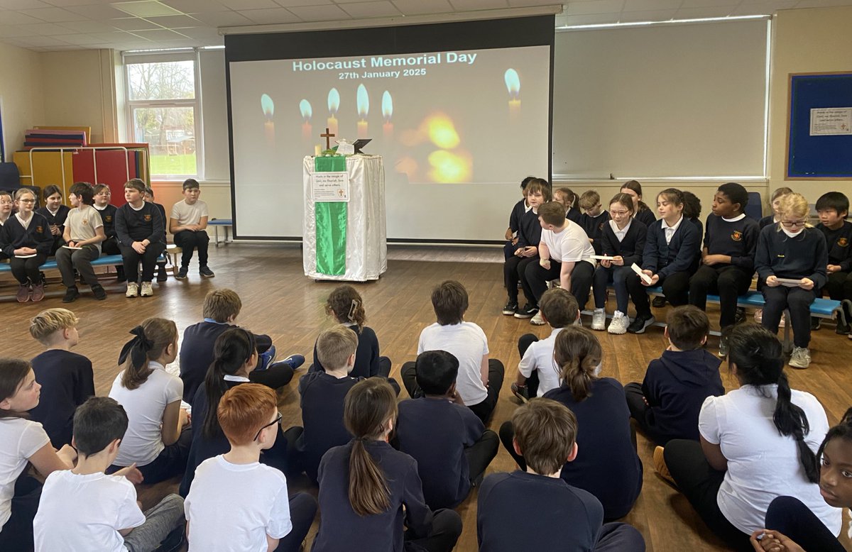 StCuthsCLS's tweet photo. Year 6 led a Celebration of the Word for Year 5 this afternoon on #HolocaustMemorialDay. They spoke about making a better future for us all… it was a respectful and prayerful  celebration… thank you Year 6. #HMD2025 #article2 @EthosBWCET1 💙 https://t.co/Q1rWLSLWJx