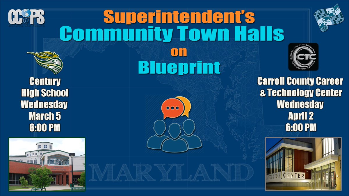 Dr. Cynthia McCabe, Superintendent of Carroll County Public Schools, will be hosting two community town halls to provide updated information on the implications of Blueprint on our schools. For details, please visit bit.ly/42AyyQx.