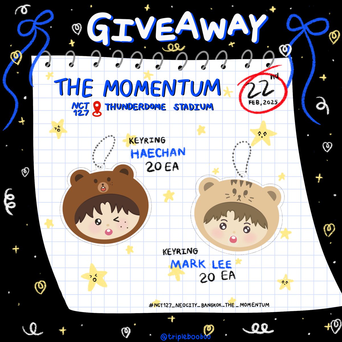 triplebooboo's tweet photo. Ⳋ᧙ pls kindly rt Ⳋ᧙

giveaway nct 127 .☘︎ ݁˖

♡ acrylic keyring ♡
⊹ haechan 20 ea
⊹ mark 20 ea

rt + show this tweet  
( exchange pls dm )

location : thunderdome stadium 
date : 22 feb 
time tba

#NCT127_NEOCITY_THE_MOMENTUM
#NCT127_NEOCITY_BANGKOK_THE_MOMENTUM https://t.co/ZGkLtMnZV7