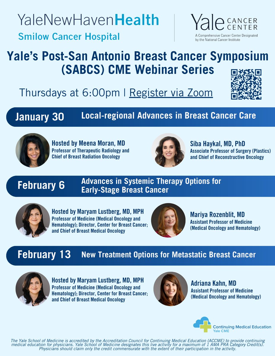 Yale Cancer Center (@yalecancer) on Twitter photo Tomorrow at 6pm EST, our 3-part #CME webinar series, Yale’s Post-San Antonio Breast Cancer Symposium (#SABCS) begins. Join us for a discussion on Local-regional Advances in #BreastCancer Care, hosted by Meena Moran, MD, with <a href="/DrSibaHaykal/">Siba Haykal Hunter MD PhD FRCSC FACS</a> joining as presenter.
RSVP: Tomorrow at 6pm EST, our 3-part #CME webinar series, Yale’s Post-San Antonio Breast Cancer Symposium (#SABCS) begins. Join us for a discussion on Local-regional Advances in #BreastCancer Care, hosted by Meena Moran, MD, with <a href="/DrSibaHaykal/">Siba Haykal Hunter MD PhD FRCSC FACS</a> joining as presenter.
RSVP: