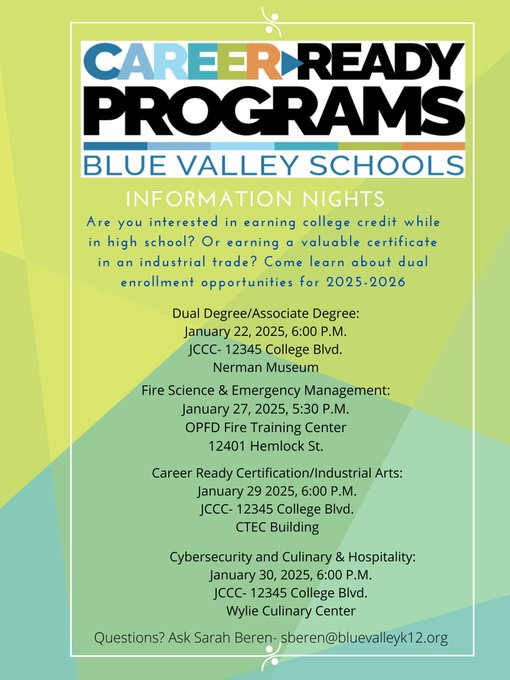 Looking forward to visiting with current sophs/jrs this evening about the BV/OPFD Fire Science program! The info session will begin at 5:30 at the OPFD Training Center (12401 Hemlock St.). See you there!