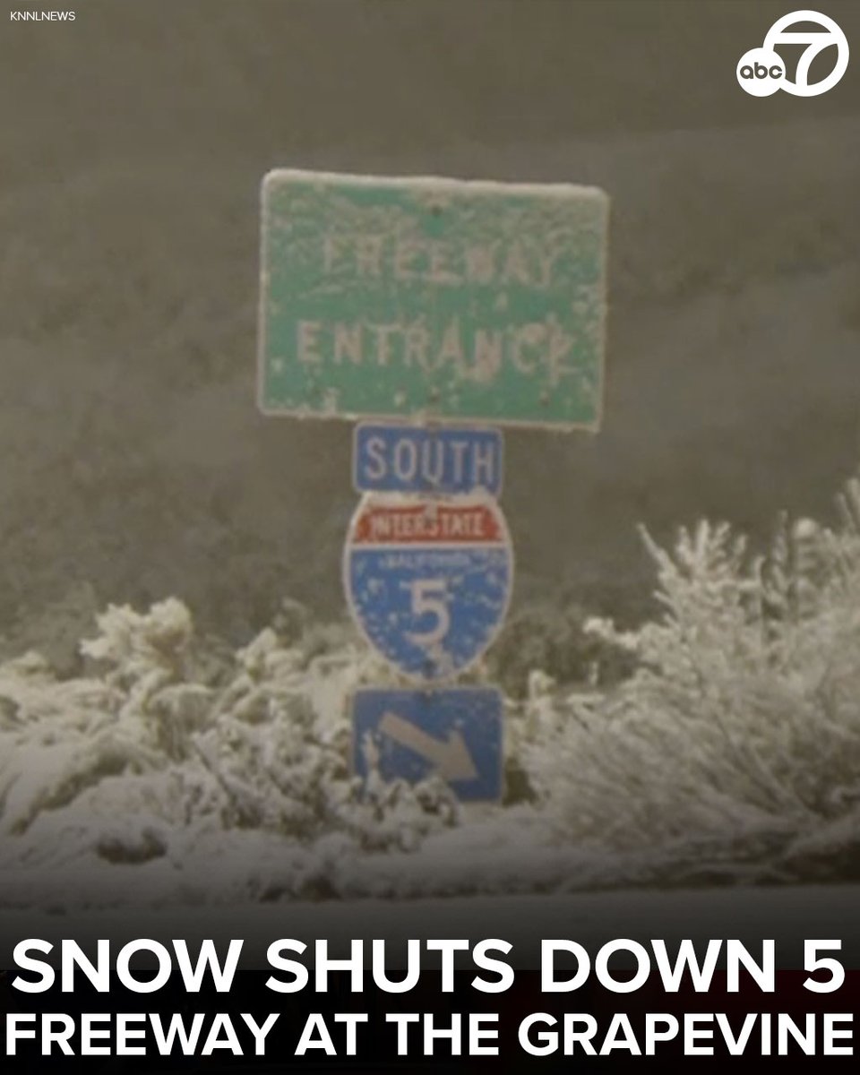 ABC7's tweet photo. The 5 Freeway remains closed through the Grapevine due to snow and icy conditions, forcing drivers to find alternate routes. It's unclear when the roadway will reopen. https://t.co/80ctlvZZ4I https://t.co/avnPmgKVP2