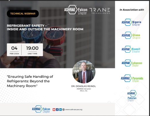 Join our free webinar:
"Refrigerant Safety - Inside &amp; Outside the Machinery Room"

🗣️ Dr. Douglas Reindl (ASHRAE DL)
📅 04/02/2025, 7 PM UAE

🔗 Register: us06web.zoom.us/webinar/regist…

#ASHRAE #Webinar #HVAC