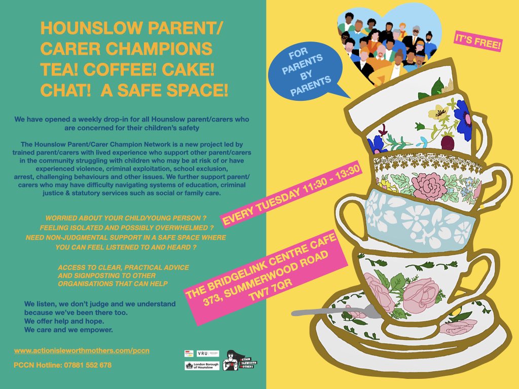 We are back from tomorrow with our free and friendly weekly drop-in at Bridgelink Centre, Isleworth from 11:30-13:30 for any Hounslow parent/carers who
are concerned for their children’s safety.
AIM’s Hounslow Parent/Carer Champion Network is a project led by trained