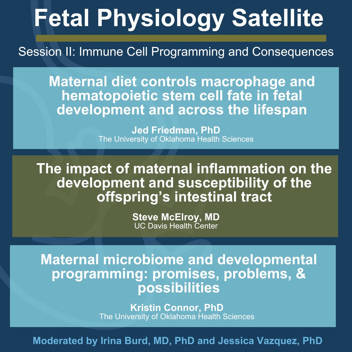 Join us at the Fetal Physiology Satellite!

Moderators Irina Burd, MD, PhD, and Jessica Vazquez, PhD will discuss "Immune Cell Programming and Consequences" with Jed Friedman, PhD, Steve McElroy, PhD and Kristin Connor, PhD.

Learn more here: sri-online.org/events/2025/pr…
