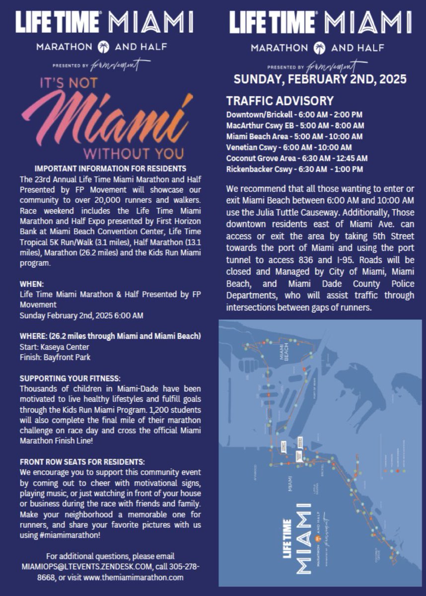 The Miami Marathon will take place on Sunday, February 2, 2025. For more information on traffic closures and reroutes please see the flyers below. KD👇🏾