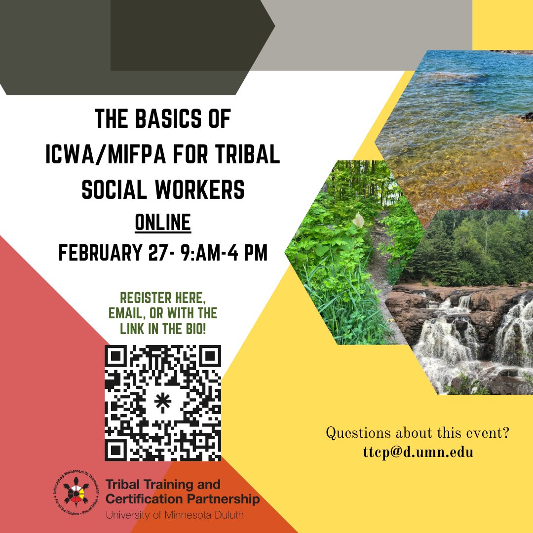 In one month: Are you a tribal administrator or tribal child welfare worker? Join us on #February 27 for training starting at 9 a.m. CT. Register with the link in the bio or email us at ttcp@d.umn.edu!
#childwelfare #minnesota #training
