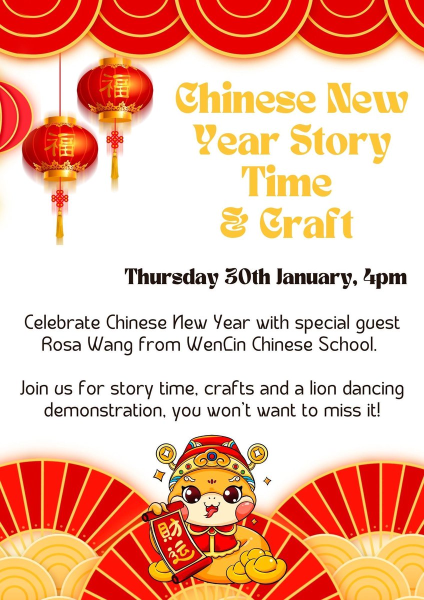 Better_Balham's tweet image. Celebrate the Chinese New Year at #BalhamLibrary this Thursday 30 January at 4pm
Special guest Rosa from WenCin Chinese School will be telling stories and creating fun crafts to celebrate the new Lunar Year!
@WandsworthLibs