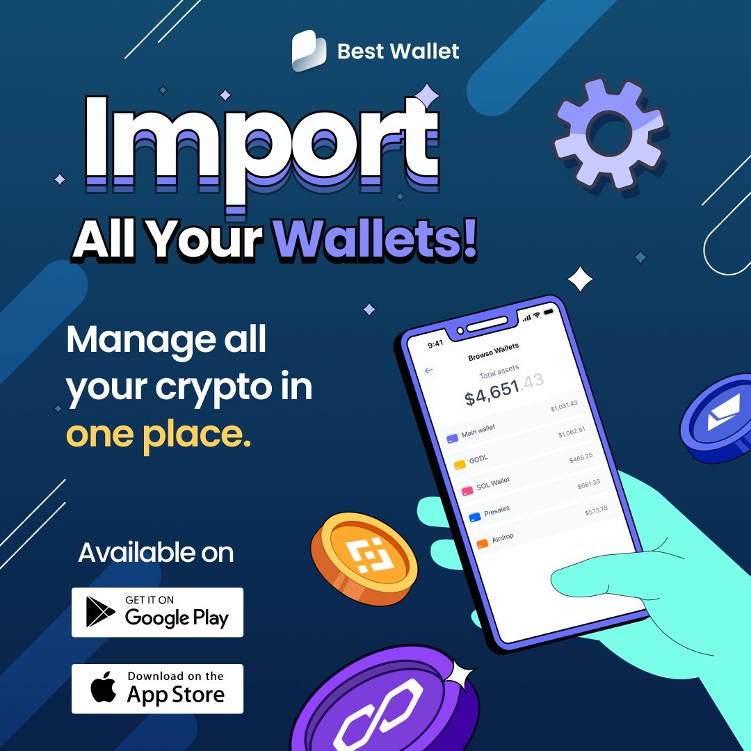 Tired of juggling multiple wallets? Same. Best Wallet lets you import all  your wallets so you can manage, trade, and track your crypto without the  hassle of switching apps. Simple, seamless, and