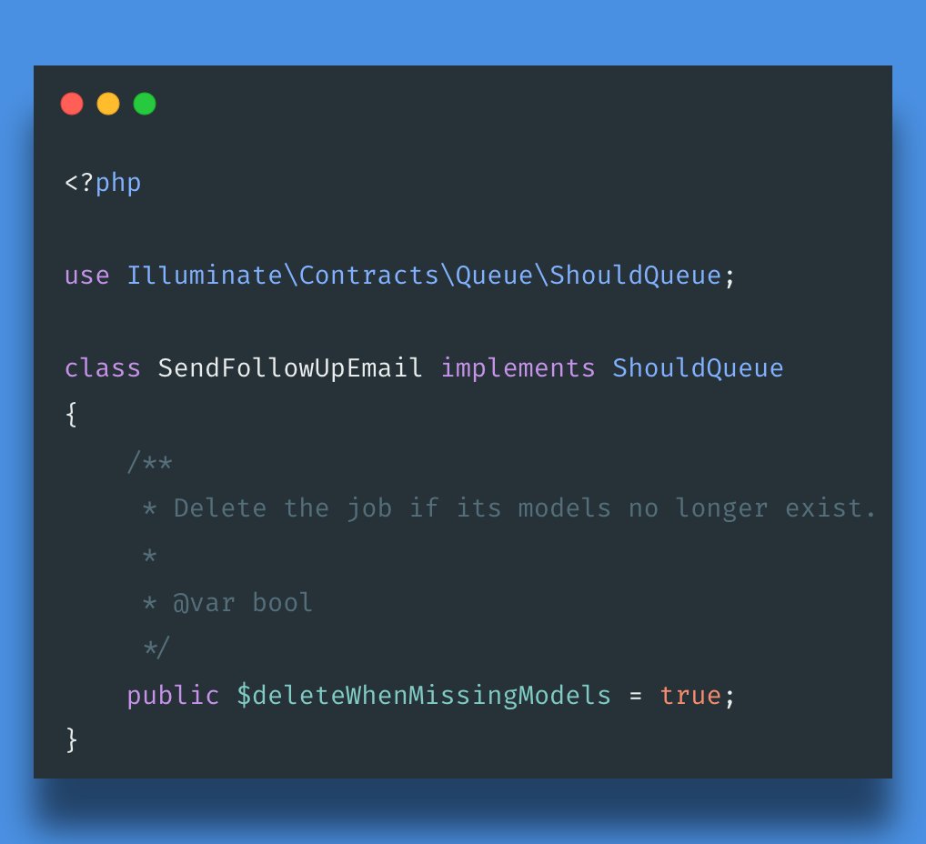 nagiworks's tweet image. #LaravelTip: Auto-serialization of Eloquent models in jobs can lead to a ModelNotFoundException if they&apos;re deleted before processing. Avoid the hassle by setting deleteWhenMissingModels to true and seamlessly discard those jobs! 🚀