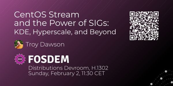 CentOS's tweet image. Going to FOSDEM? Troy Dawson will be presenting in the Distros Devroom about CentOS and the amazing work in our SIGs.

fosdem.org/2025/schedule/… 

#CentOS #FOSDEM #FOSDEMDistros