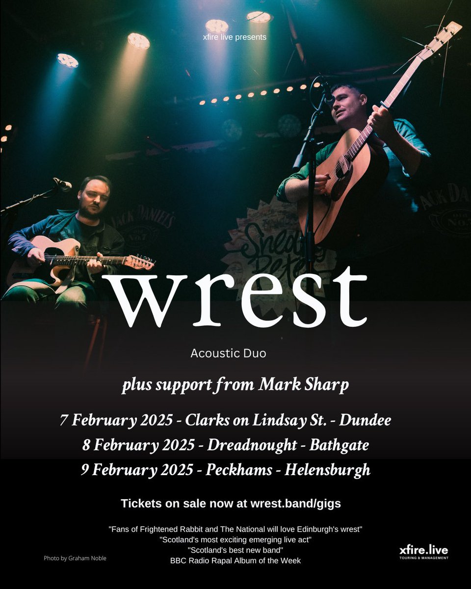 SUPPORT ANNOUNCED // Mark Sharp will be opening for Wrest on their Scottish acoustic duo dates next month. Selling fast 🔥

Tickets ~ wrest.band/live