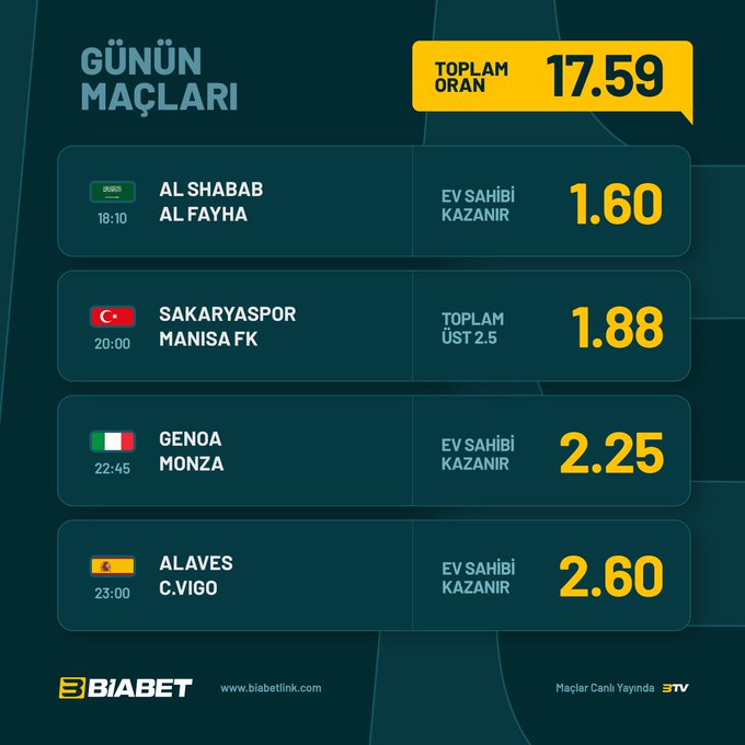 BiabetGuncel's tweet photo. Pazar günü bülteninde günün öne çıkan maçlarını sizler için derledik!🤩 Toplam Oran 📷 12.11 📷https://t.co/EgAe7DcMXj ‘da!📷 ⚡️ https://t.co/ix7mWOHVyX