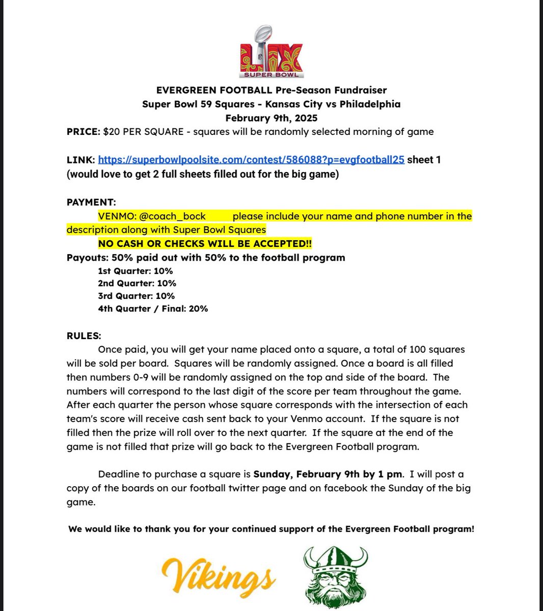EVG_Football's tweet photo. 🚨Super Bowl 59 Squares Fundraiser🚨
We are doing an online squares contest! 
$20 per square rewarding $500 in prizes per sheet

Link for contest:

https://t.co/1h8wNXIFHJ

See for full details below ⬇️ https://t.co/jy4wc4QBbU