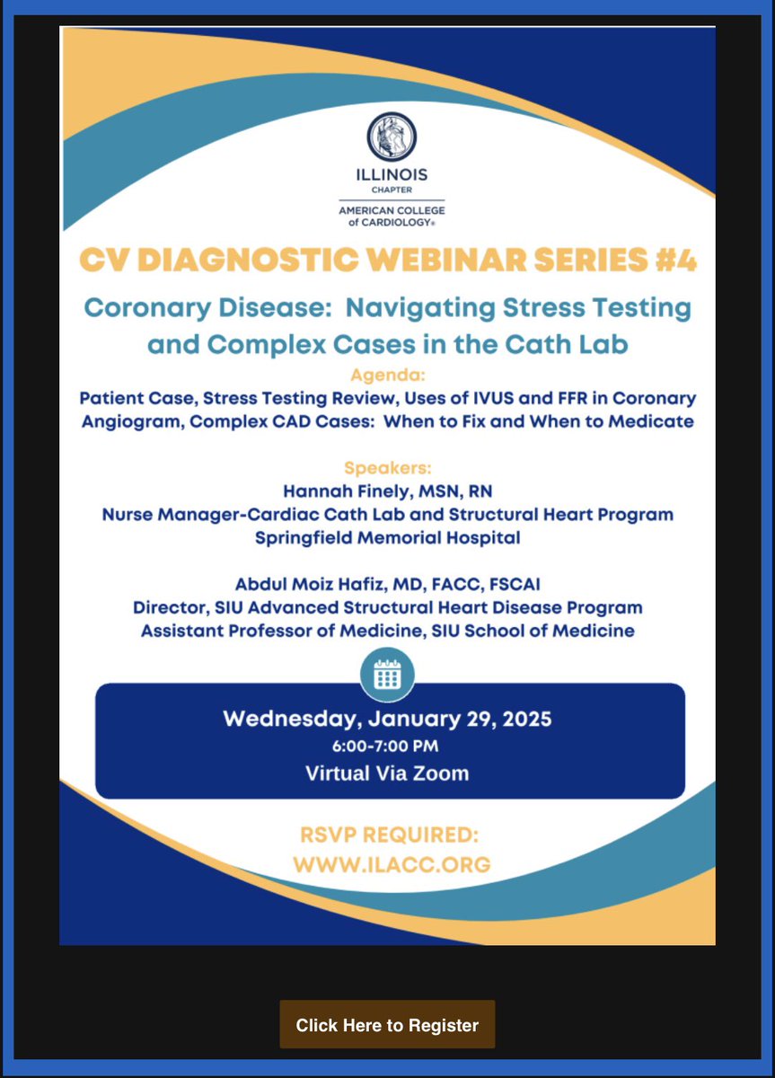 Stephanie Dwyer Kaluzna (@stephdwyer21) on Twitter photo The fourth CV Diagnostics Webinar is Wednesday! Interesting reviews of stress testing and complex cath lab cases. Hope to see you there! <a href="/ACCinTouch/">American College of Cardiology</a> <a href="/IllinoisACC/">IllinoisACC</a> #ACCCVT
Registration link ⬇️
ilacc.org/meetinginfo.ph… The fourth CV Diagnostics Webinar is Wednesday! Interesting reviews of stress testing and complex cath lab cases. Hope to see you there! <a href="/ACCinTouch/">American College of Cardiology</a> <a href="/IllinoisACC/">IllinoisACC</a> #ACCCVT
Registration link ⬇️
ilacc.org/meetinginfo.ph…