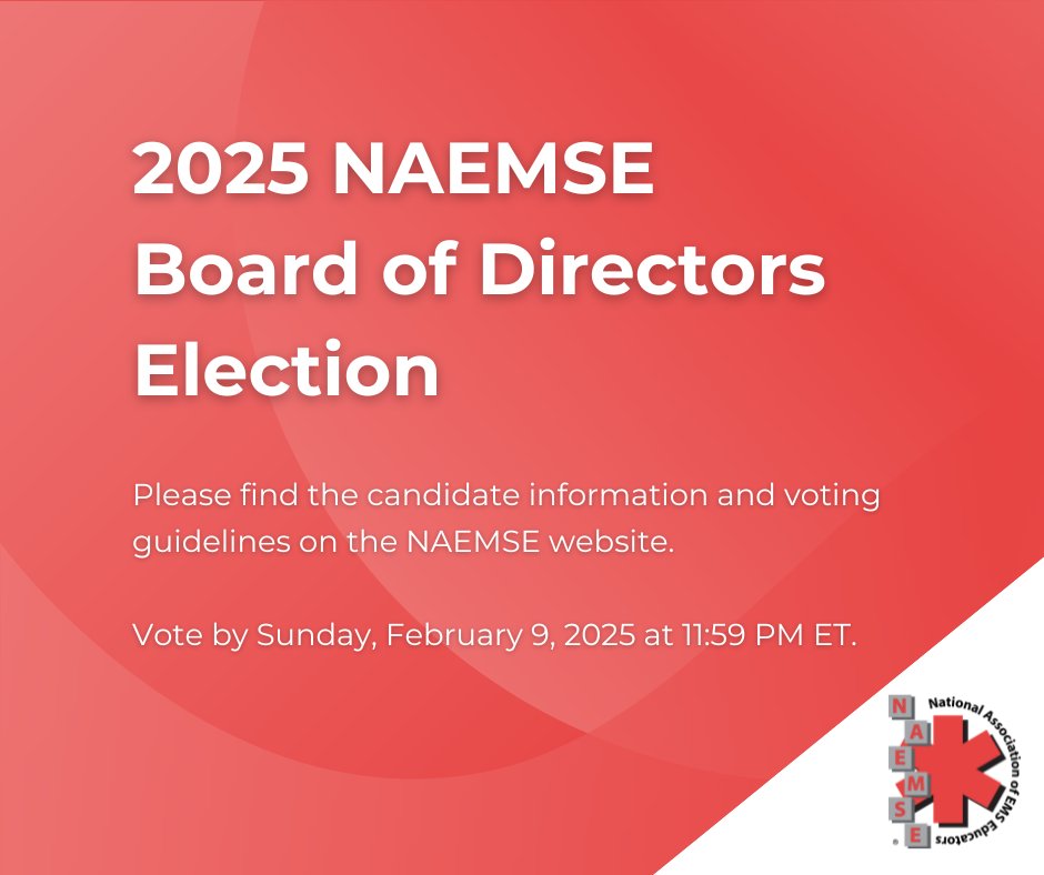 The 2025 NAEMSE Board of Directors Election is underway! Voting concludes on Sun., 2/9, at 11:59 p.m. EST. Please note that only NAEMSE members are eligible to vote and that you must be logged in to your NAEMSE membership account. Vote now: naemse.org/surveys/?id=20…