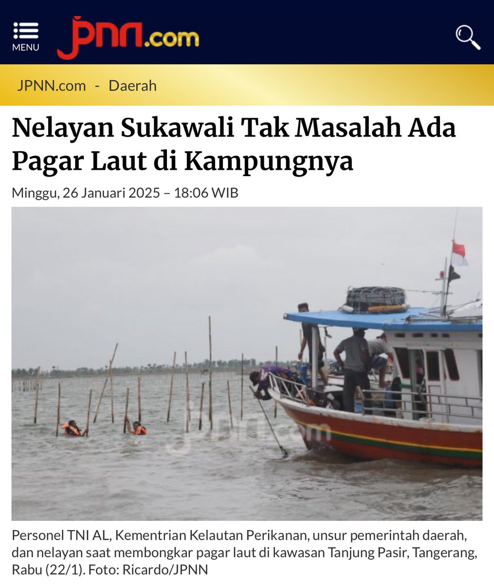 Pagar Laut Komoditas Politik Provokator

Sejumlah nelayan di Desa Sukawali, Kecamatan Pakuhaji, Tangerang tidak keberatan dengan adanya pagar laut.

Keterangan berita ini udh sangat jelas, tidak semua warga yang diantaranya nelayan menolak pagar laut. Tapi karena provokasi dan