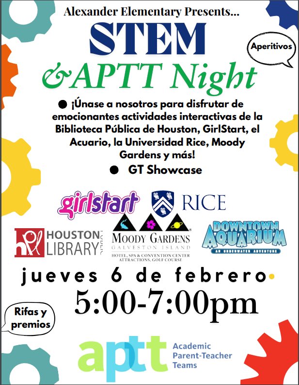 Mark your calendars 🗓️for Thursday, February 6th, from 5 PM to 7 PM! ⭐️
Kick off the evening with our second APTT meeting, followed by STEM Night! Lots of fun hands on activities for all to enjoy! We can't wait to see you! <a href="/girlstart/">girlstart</a> <a href="/RiceUniversity/">Rice University</a> <a href="/AquariumHOU/">Aquarium Houston</a> <a href="/MoodyGardens/">Moody Gardens</a>