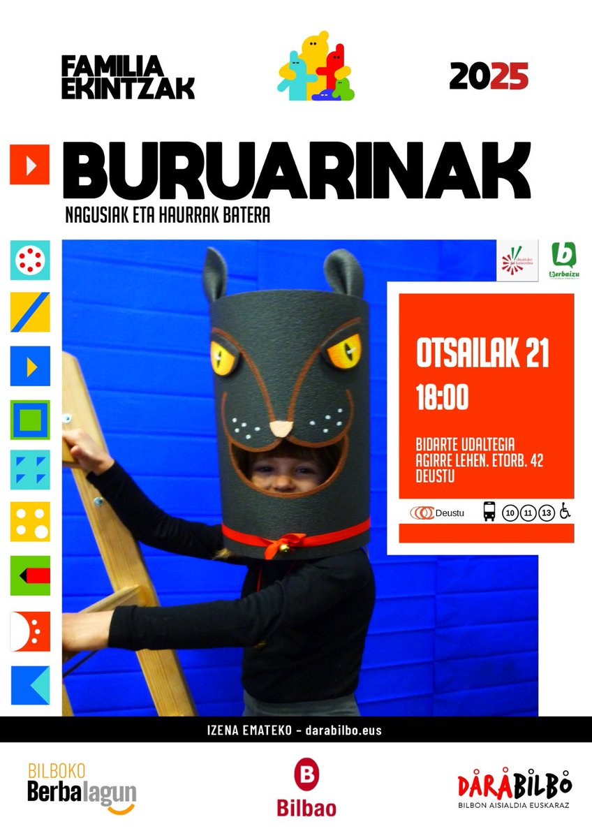 Otsaila-martxoan zehar, familia tailerrak Bilbon: buruarinak. Lehenengoa, Otsailaren 21an, Deustun egingo dugu Bidarte udaltegian. #BilbokoBerbalaguna #Euskarazuzara 
Eman izena  Darabilboko webgunean:
darabilbo.blogspot.com/p/izena-eman.h…