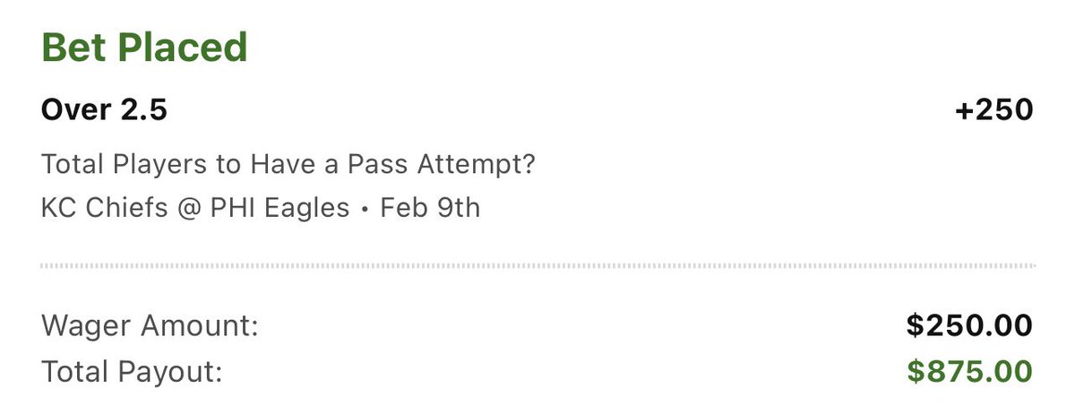 The best Super Bowl prop bet is over 2.5 players with a pass attempt

Make sure everyone at the party is riding the bet. The moment you see a position player start to throw for a trick play is pure euphoria. Also a hedge if a QB is out for a series

Get it at +250 while you can