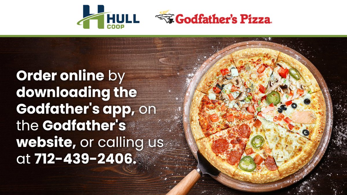 Craving some Godfather's pizza? 🍕

You can order online by downloading the Godfather's app, on the Godfather's website (godfathers.com), or by calling us at 712-439-2406.