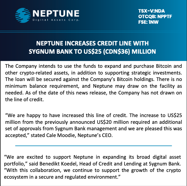 NeptuneDAC's tweet photo. Neptune Increases Credit Line With Sygnum Bank To US$25 (CDN$36) Million

Full Release:
https://t.co/eMb7NfV3mC

@sygnumofficial 

$NDA $NPPTF $BTC https://t.co/jeinUeI5kd
