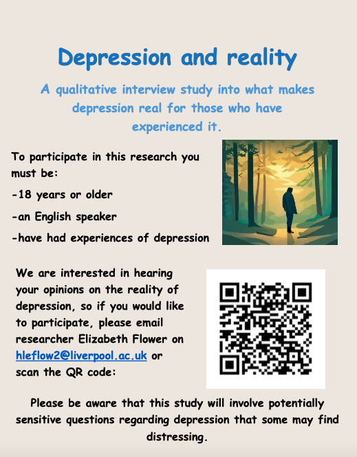 Peter Kinderman (@peterkinderman) on Twitter photo We are interested in hearing your opinions on the reality of depression, so if you would like to participate, please email researcher Elizabeth Flower on hleflow2@liverpool.ac.uk or scan the QR code below: We are interested in hearing your opinions on the reality of depression, so if you would like to participate, please email researcher Elizabeth Flower on hleflow2@liverpool.ac.uk or scan the QR code below: