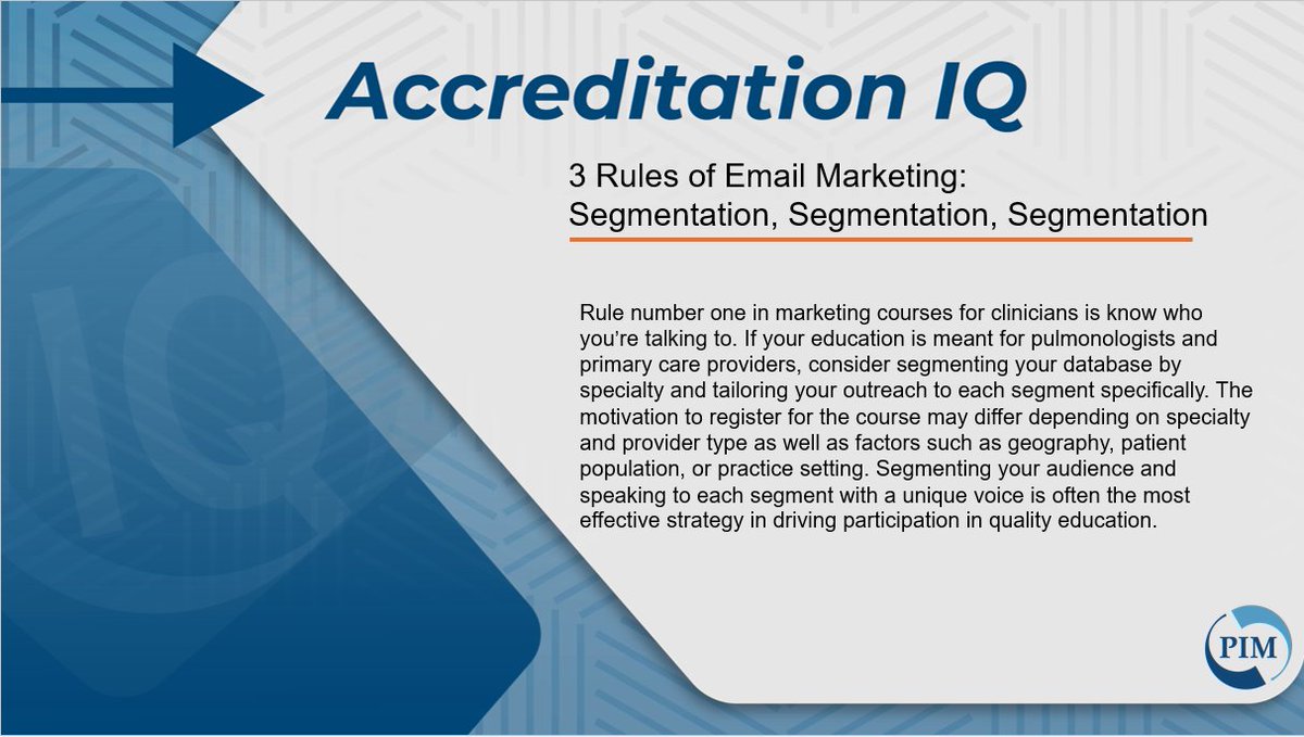 PostgradInst's tweet photo. Do you utilize segmented lists in your marketing for #CME courses?
#AccreditationIQ addresses FAQs about continuing education for healthcare professionals. Got a question? Message us or contact partners@pimed.com

#MedEd #Healthcare https://t.co/Ho8qolp19Z