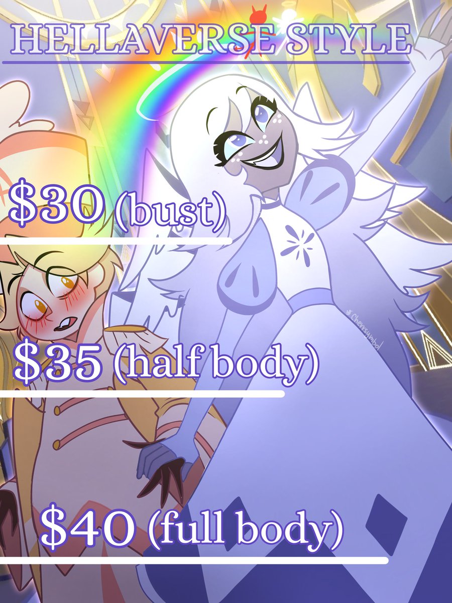 ¡COMMS INFO!

DO; Shipp, Canon, Fanart, Furry, NSFW/SFW, Character Sheet.
DONT; Fetishes, gore, complex perspectives, lolicon/shotacon,etc

Prices stay the same up to a maximum of 2 characters, then it's +$5 extra!!!

ALT: $5 each.
