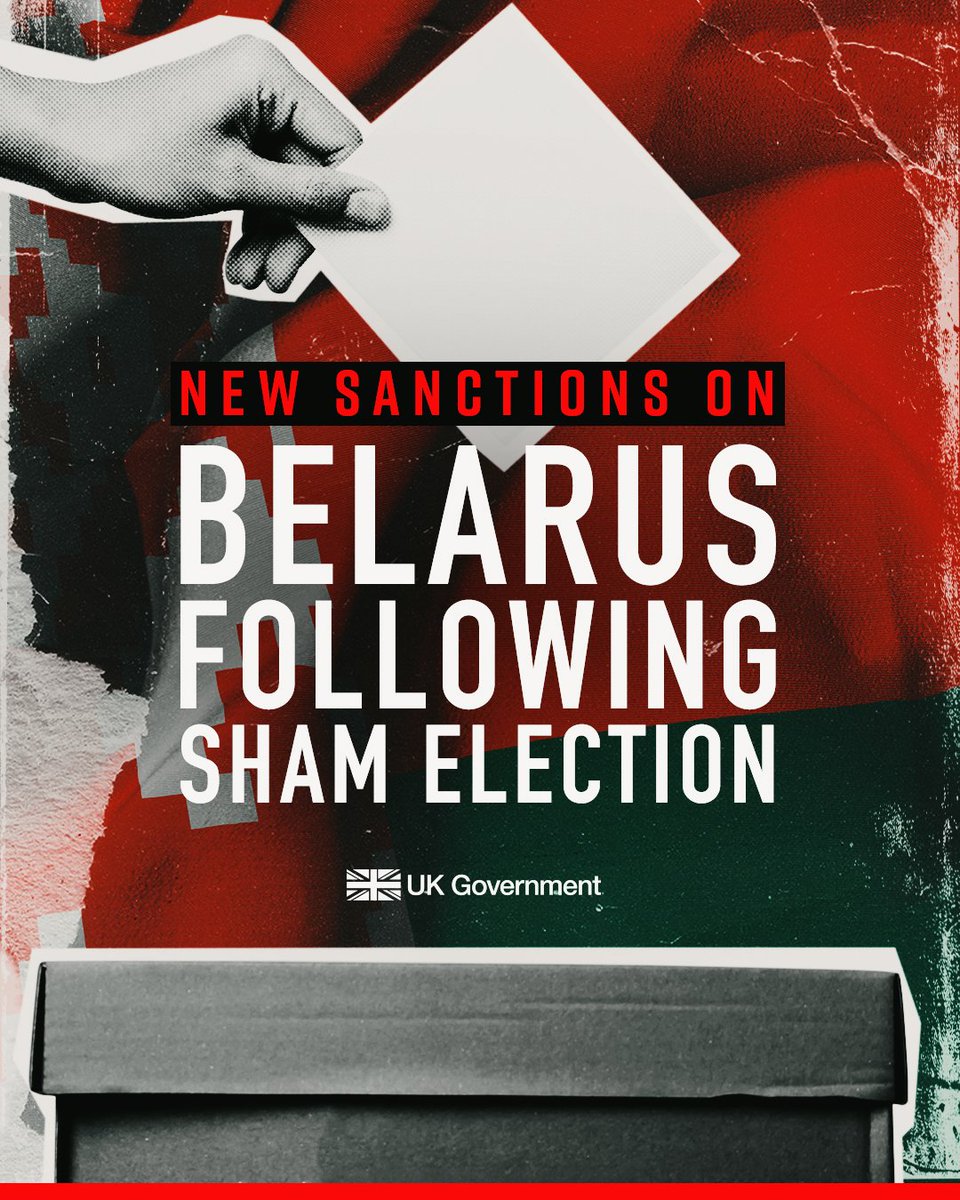 The election in Belarus was a sham.  

The UK will not stand by as Lukashenko continues his brutal crackdown on freedom and civil liberties. 

Today, we are sanctioning those responsible for human rights violations and companies with links to Russia’s war in Ukraine.