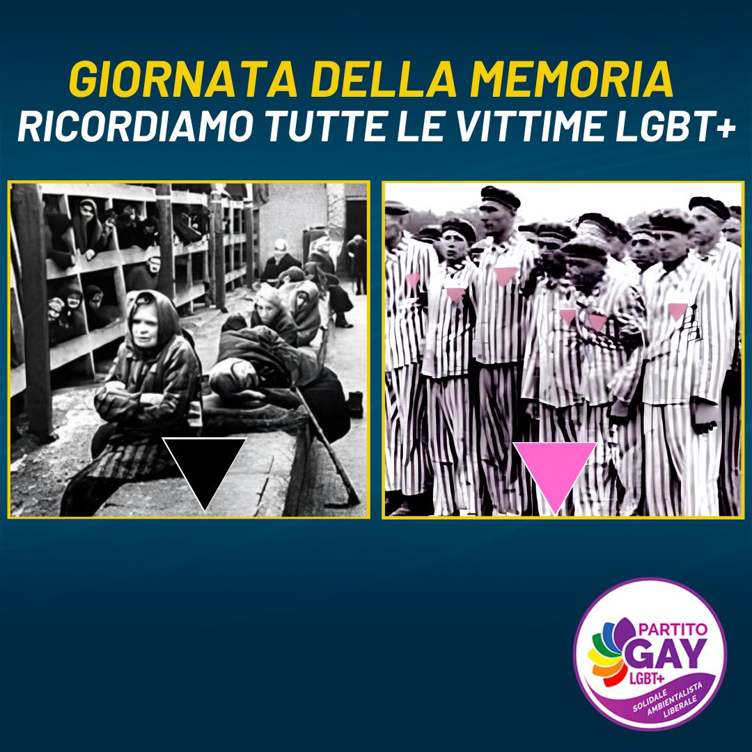 Gayofficialita's tweet photo. Rricordiamo anche persone LGBT+ mandate al confino e deportate, distinte con triangolo rosa per uomini e nero per le donne, ancora oggi dimenticate: per questo ci battiamo per una legge che riconosca anche loro tra le vittime dello sterminio.
#partitogay #giornatadellamemoria https://t.co/6JNzhRknnb
