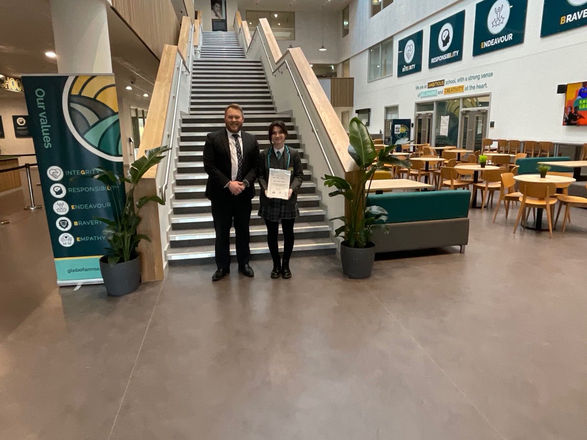glebefarmschool's tweet photo. Delighted to present Mara in Year 9 with her ‘Best Questioner’ at the Regional Final of the English Union Churchill Public Speaking competition certificate. 
We are so proud of you Mara 💚💛 https://t.co/HrksEQoE4p