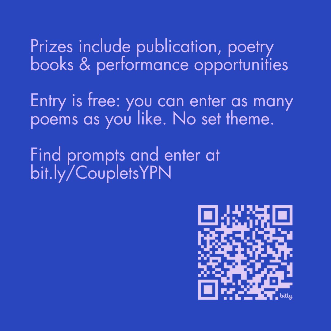 Roses are red, violets are blue, 
In our new writing challenge, we’re asking you… 

to write a poem using couplets! 
Find more prompts and enter: bit.ly/CoupletsYPN

Free and open to 5-25s worldwide.
Deadline Sunday 9 March 2025.
