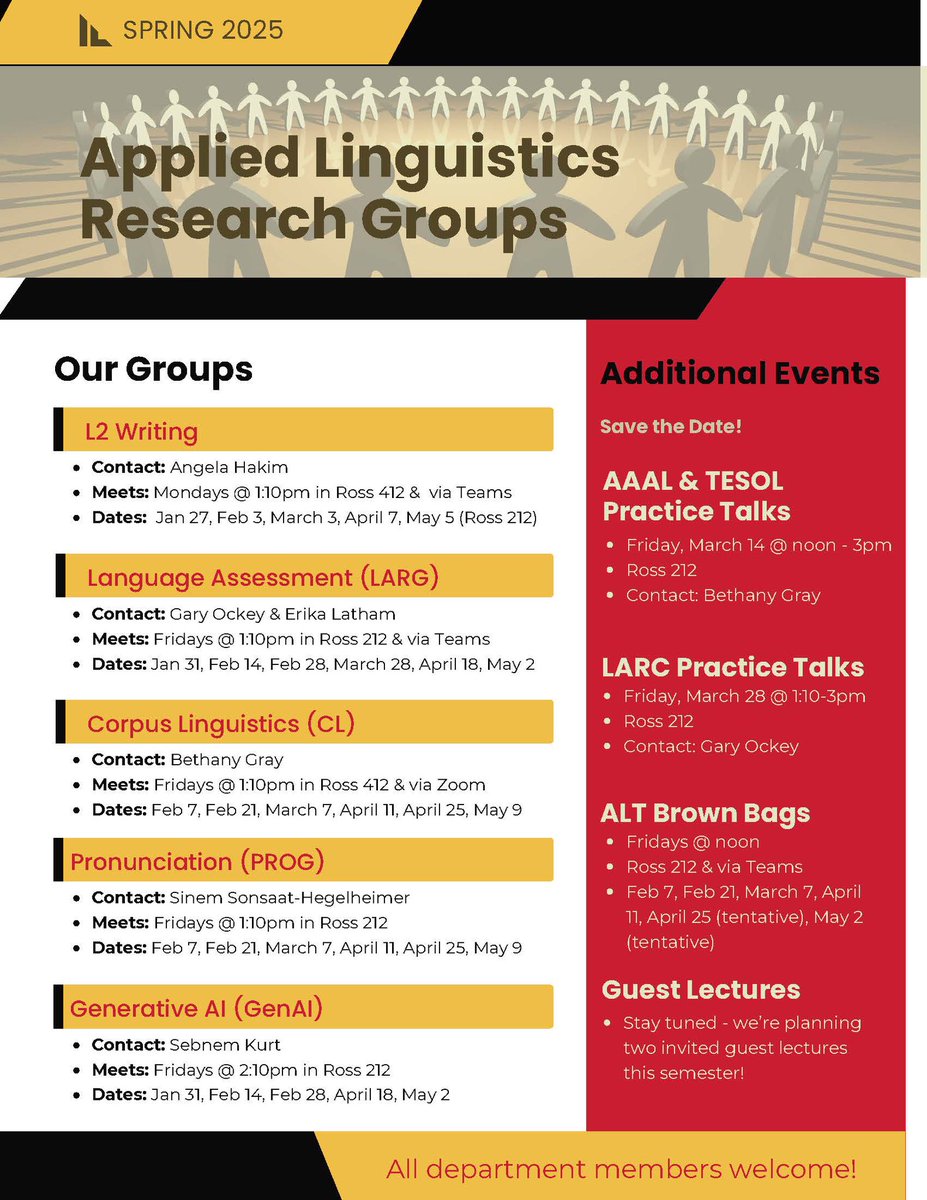 |_Spring 2025 Research Groups Schedule_|

Join our collaborative research groups this semester to explore key topics, develop skills, and exchange ideas!

All department members are welcome. Contact group leads for details &amp; to join.

bit.ly/ALTrsrchgroups