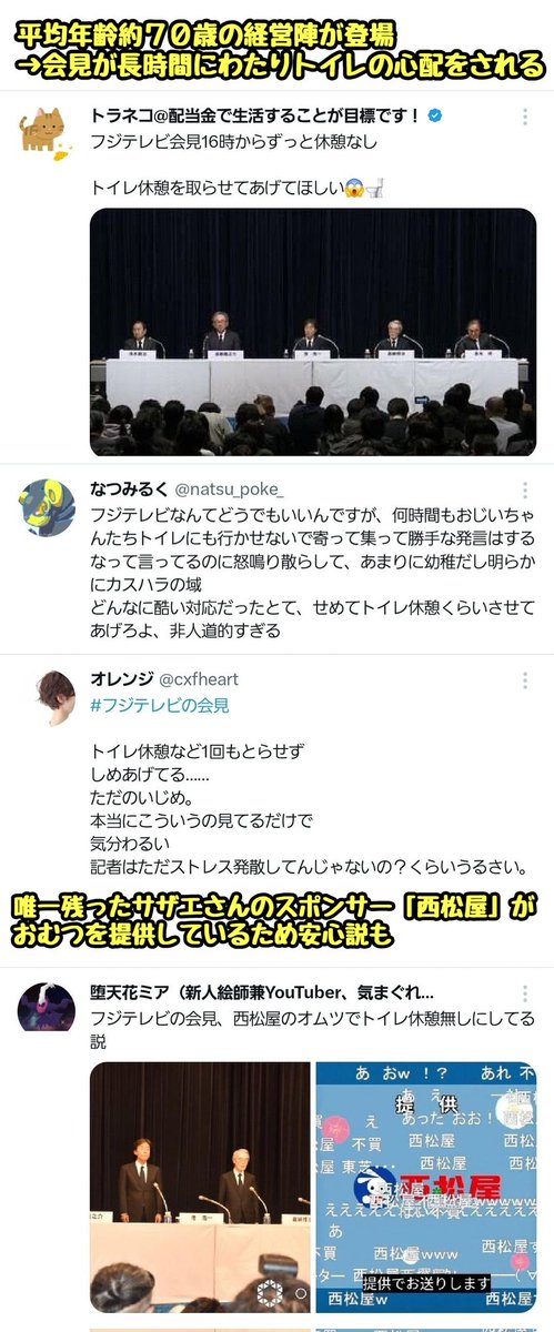 tkzwgrs's tweet photo. 【フジテレビ会見まとめ】

・フリー記者を閉め出した前回の会見とは違い、今回はフリー記者も参加可能なオープン会見に
・質疑応答１発目から、「個人のプライバシーに関わる質問には答えられない」とするフジの態度に業を煮やした記者が「冗談じゃないよ💢」とブチギレる荒れた展開に
・会見のせいで
　クイズ番組「ネプリーグ」が放送休止に
→「実質、真のネプリーグはこの会見だろ」とX民が盛り上がる

・フジ経営陣が詰められる様子を高みの見物していたX民だったが、平均年齢70歳のおじいちゃん経営陣が6時間以上ぶっつづけでトイレ休憩なしで会見を行う模様に「頼むからトイレ休憩とったげて！！」「これ漏らしてない？大丈夫？」と心配の声が上がる
→唯一残ったサザエさんのスポンサー“西松屋”が経営陣におむつを提供しているという陰謀論も囁かれる

・数時間にわたってあらゆる質問がなされるも基本的に既出情報のみで新情報は出ず
・全体的に無駄に強気な態度で質問をするフリー記者が多く、X民のヘイトがフジテレビよりもむしろフリー記者に向く
(日を跨いだ現在も会見は続く…)