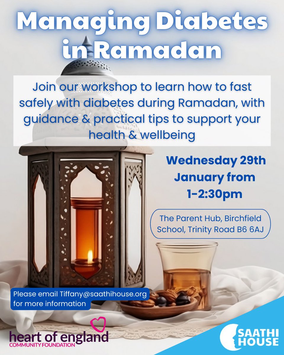 🌙 Managing Diabetes in Ramadan 🌙 

Are you fasting this Ramadan while managing diabetes? 
Join our free workshop to learn how to fast safely with expert guidance and practical tips to support your health and well-being.

<a href="/HoECF/">Heart of England Community Foundation</a> 
#RamadanHealth #FastingWithDiabetes