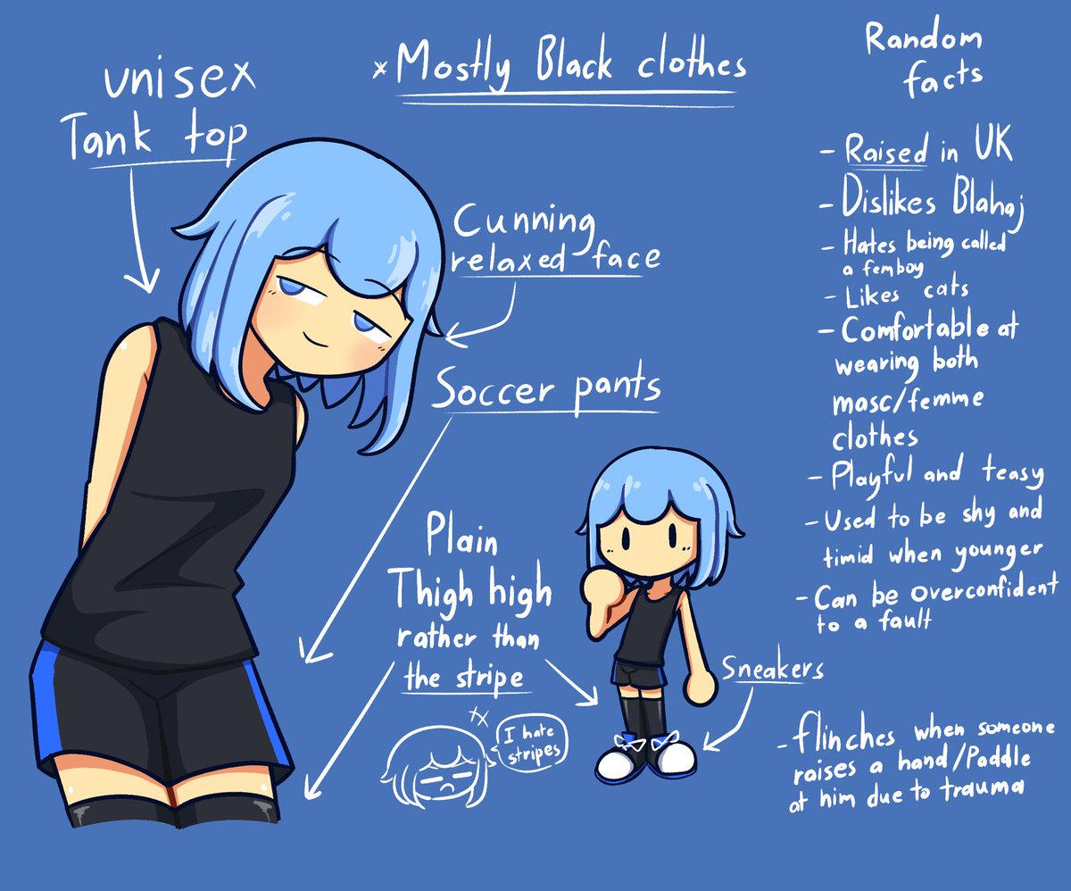 Blue’s design breakdown

It’s kinda funny how I kinda designed him to be like a character that wants to be both masc and femme without leaning too much into a femboy oc territory.

For example, Plain thigh highs instead of striped,Football/Soccer shorts instead of dolphin shorts.