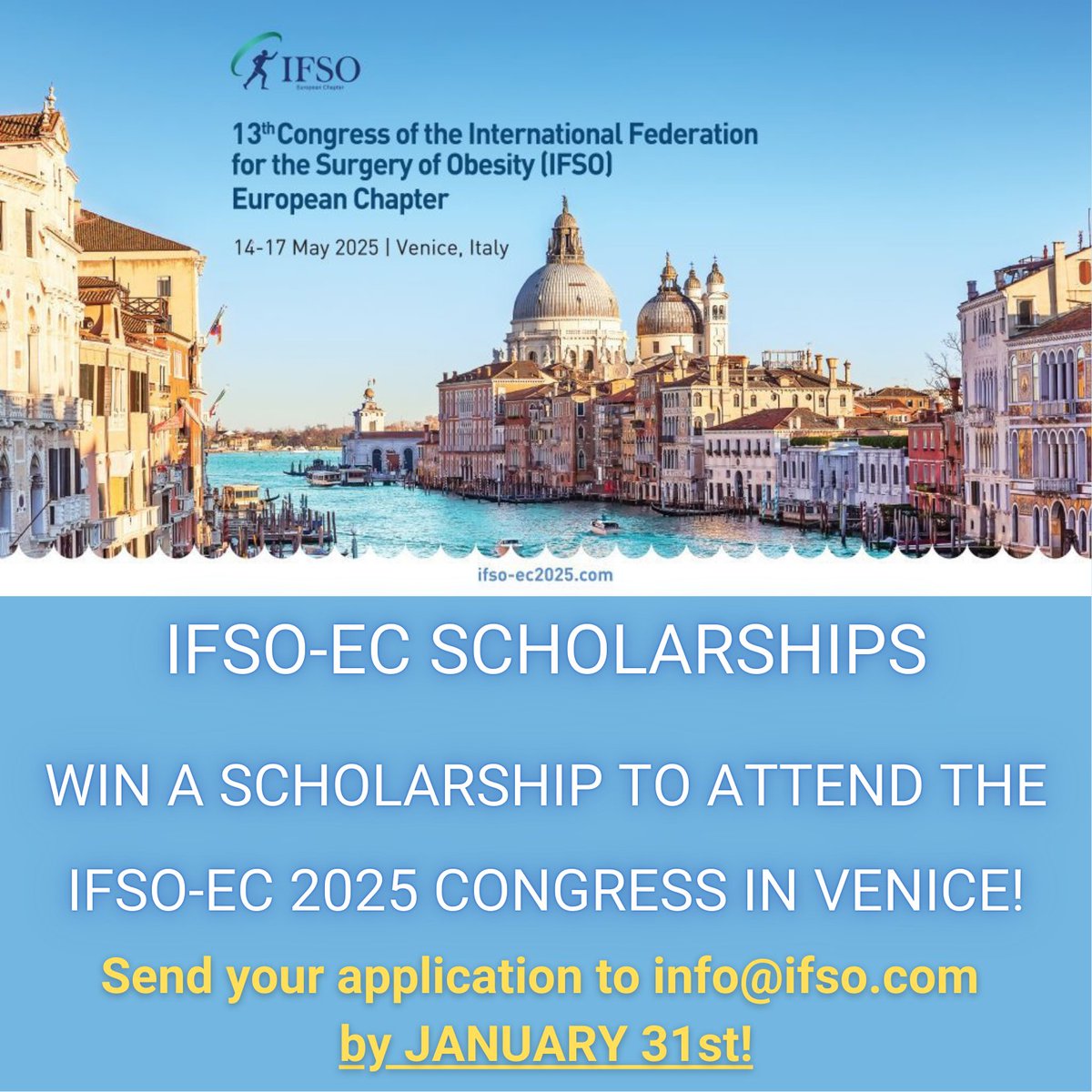 🎓🎓🎓IFSO-EC offers 3 Scholarships to attend the IFSO-EC 2025 Congress in Venice, Italy! 🇮🇹

If you are an IFSO-EC member in good standing and not over 45 years of age ... APPLY NOW! 📩

More info: ifso-ec2025.com/scholarships-g…
#ifsoecvenice #ifsoec2025 #ifso #mbs