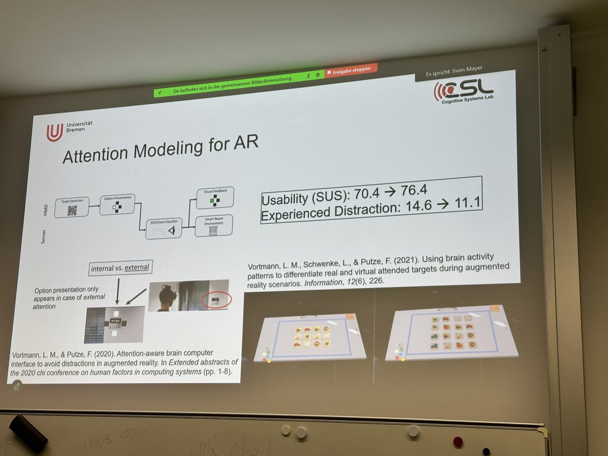 albrechtschmidt's tweet photo. Felix Putze is visiting and talks about cognitive modelling for mixed reality. Interesting ideas of how we can interpret multimodal signals (brain, gaze) to create novel interfaces for AR. #SFB-TRR161 @mimuc @felix_putze @SfbTrr161 https://t.co/dy9rVtGzSz