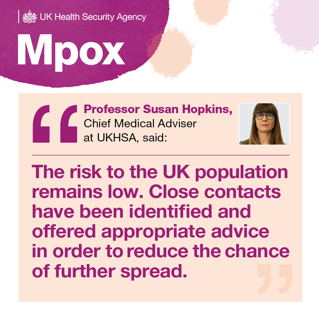 UKHSA's tweet photo. We can confirm another case of clade Ib mpox has been detected in an individual who had recently travelled to Uganda, bringing the total number of confirmed cases since October 2024 to 7. The risk to the UK population remains low. 🔻
Read more here 👇
https://t.co/3j7TBjmeyG https://t.co/ZgxO1yFH5M