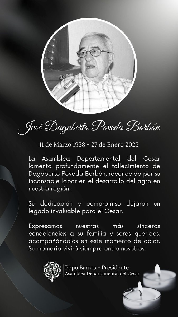 Desde la Asmablea del Cesar, lamentamos profundamente el fallecimiento de Dagoberto Poveda Borbón, reconocido por su incansable labor en el desarrollo del agro en  nuestra región.